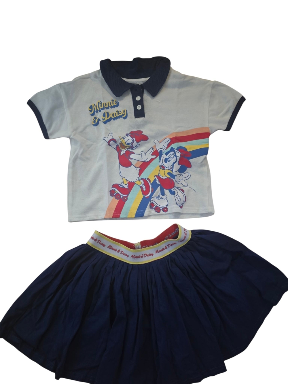 Disney White Polo Shirt with Navy Trim and Rainbow Graphic